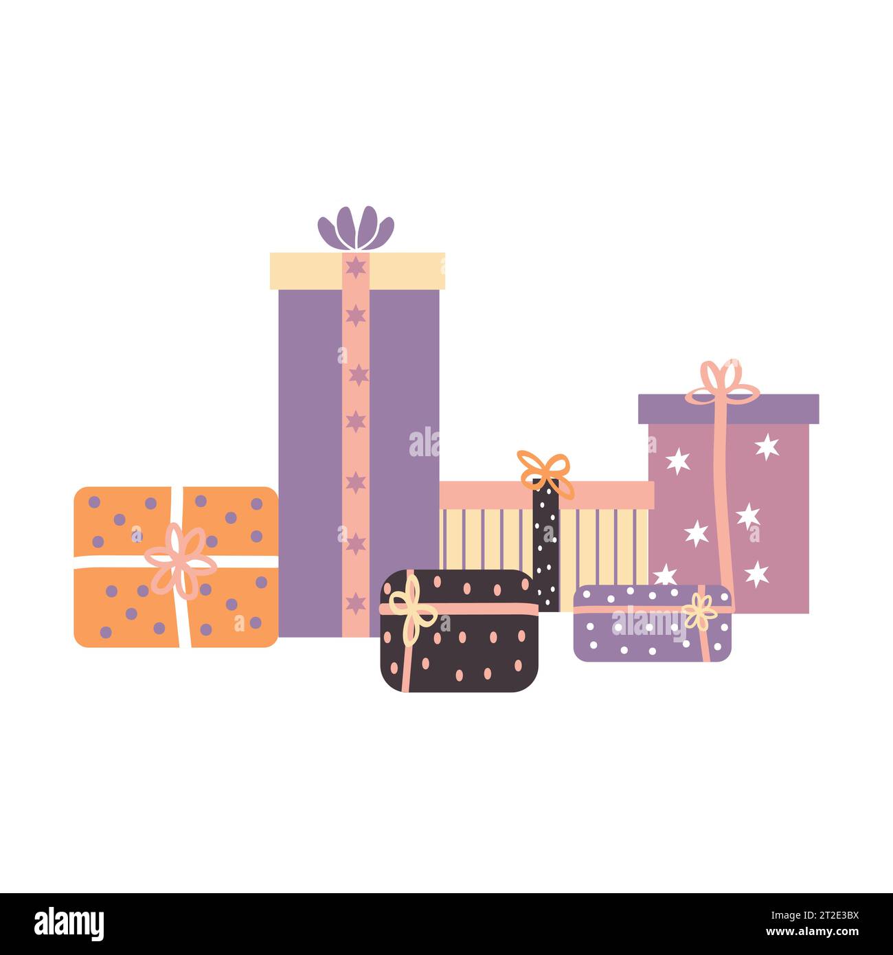 Un grande mucchio di confezioni regalo decorate con nastro, fiocchi e ornamenti. Tanti regali per le vacanze. Isolato su sfondo bianco. Illustrazione vettoriale Illustrazione Vettoriale