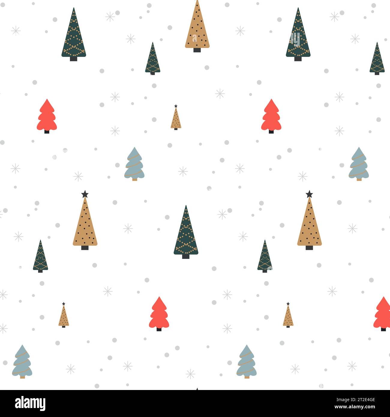 Motivo natalizio senza cuciture con abeti rossi e fiocchi di neve su sfondo bianco. Sfondo per carte da parati, tessuti, carte, confezioni regalo, tessuti, Illustrazione Vettoriale