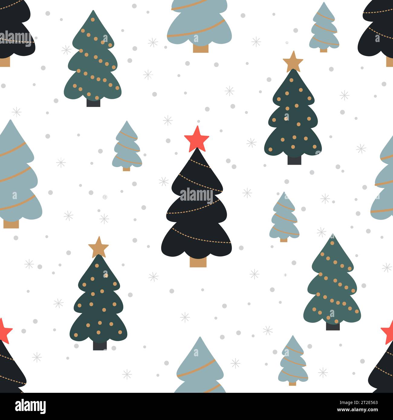 Motivo natalizio senza cuciture con abeti rossi e fiocchi di neve su sfondo bianco. Sfondo per carte da parati, tessuti, carte, confezioni regalo, tessuti, Illustrazione Vettoriale