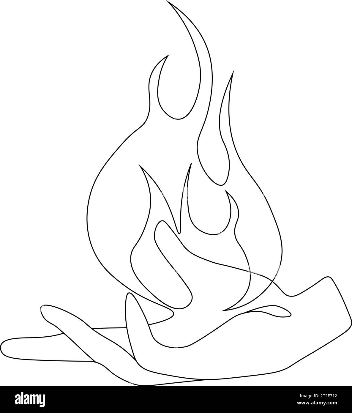 La mano tiene la fiamma del fuoco su una linea art. Disegno artistico minimalista. Isolato su sfondo bianco. Illustrazione vettoriale Illustrazione Vettoriale