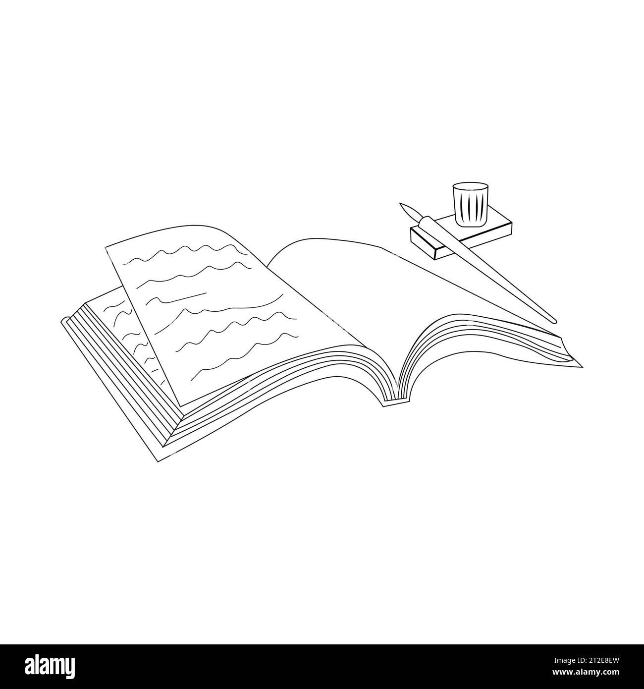 Disegno a linee di notebook, inchiostro e penna quill sulla scrivania.disegno a linee aprire il notebook. Isolare su sfondo bianco. Illustrazione vettoriale Illustrazione Vettoriale