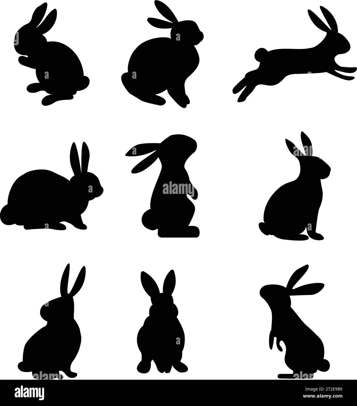 Coniglio in posizioni diverse set di clipart. Collezione Easter Bunny Black silhouette. Isolato su sfondo bianco. Illustrazione vettoriale Illustrazione Vettoriale
