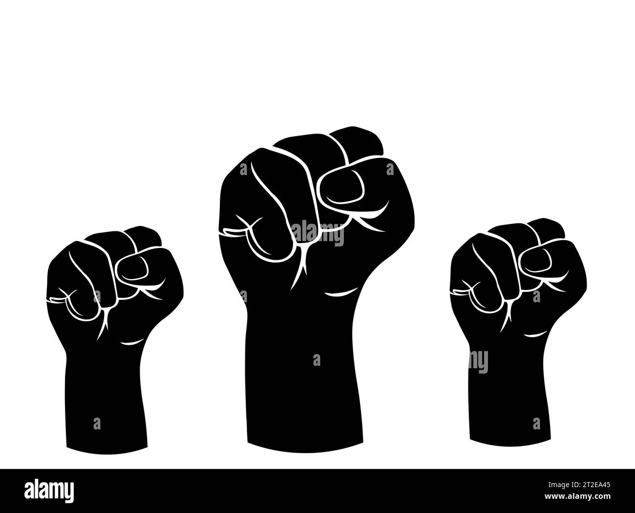 Tre pugni stringuti sollevati. Il concetto di protesta, libertà, rivoluzione, lotta per i diritti umani, unificazione e fratellanza. Isolato. Vettore Illustrazione Vettoriale
