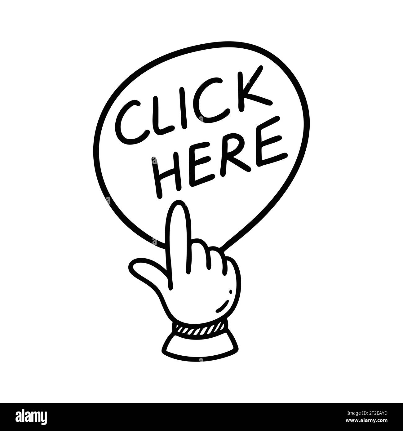 Fare clic sul pulsante Doodle qui. Icona del cursore di schizzo disegnata a mano. Registro del sito Web. Illustrazione vettoriale a mano libera del cursore del mouse Illustrazione Vettoriale