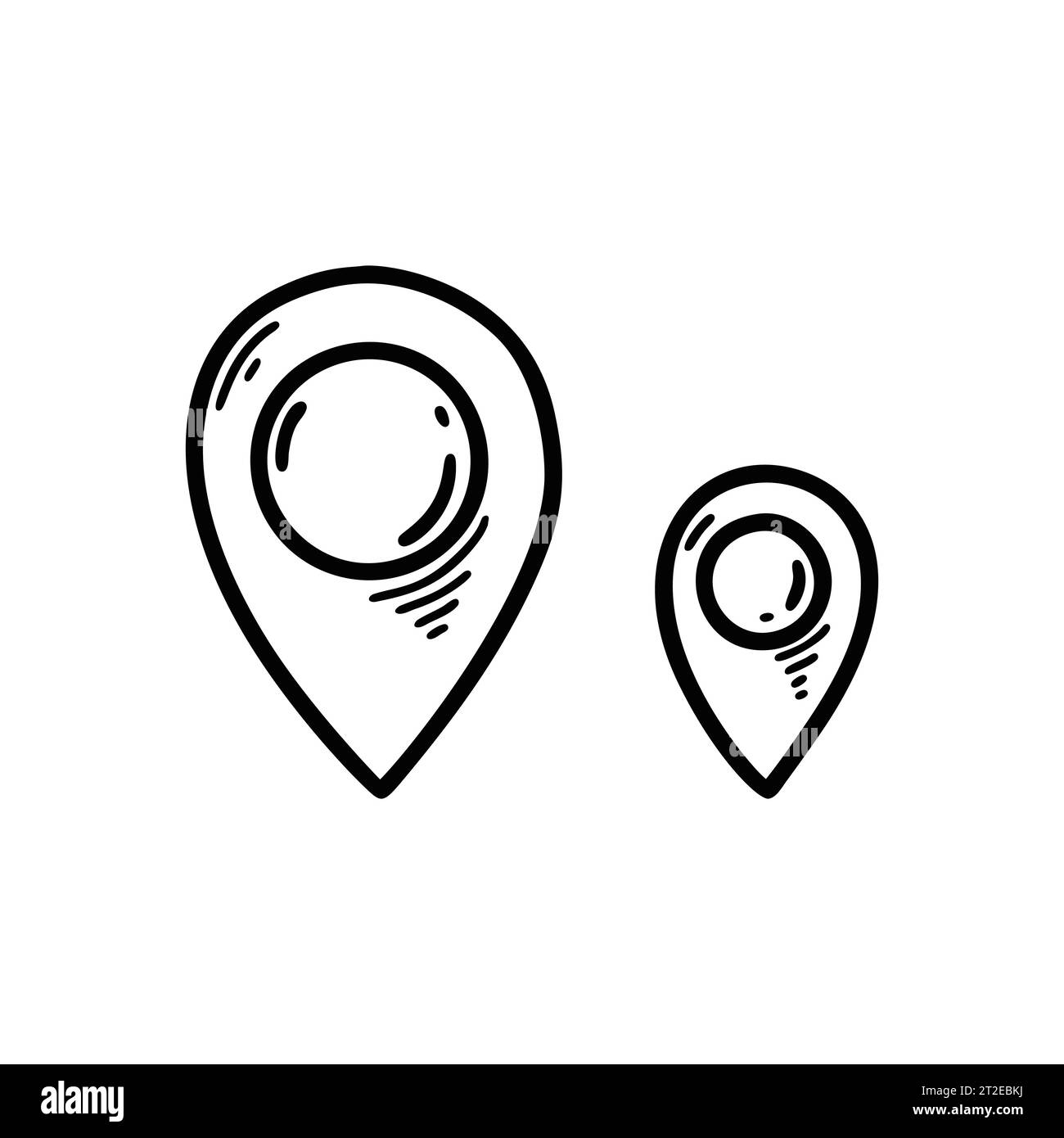 Icone per spille di posizionamento grandi e piccole. Tracciatore di posizione gps disegnato a mano. Puntatore di navigazione traslazione. Illustrazione Vettoriale