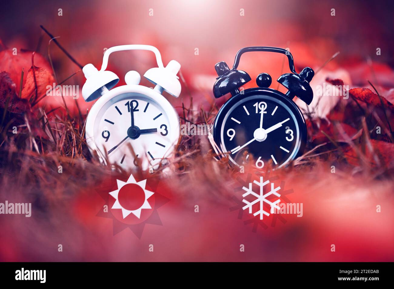 FOTOMONTAGE, Weißer und schwarzer Wecker mit Herbstlaub, Sonnen- und Schneeflockensysymbol, Symbolfoto Rückstellung auf Winterzeit *** SUPPORTO FOTOGRAFICO, sveglia bianca e nera con foglie autunnali, sole e fiocchi di neve, foto simbolo reimpostata all'ora invernale Foto Stock