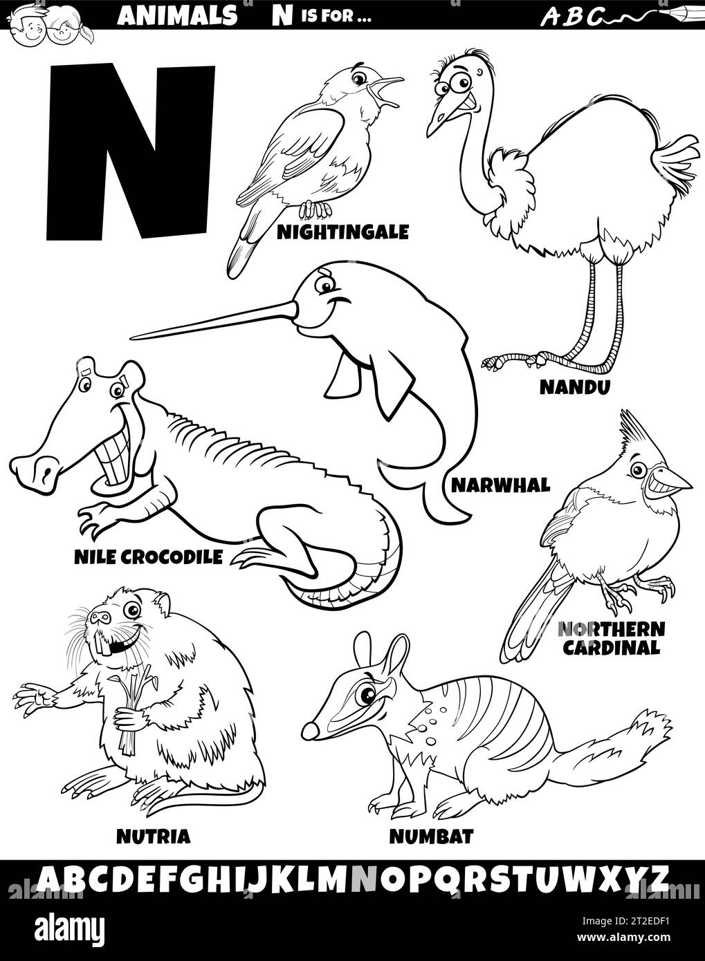 Illustrazione del cartone animato di caratteri animali impostati per la pagina di colorazione lettera N. Illustrazione Vettoriale
