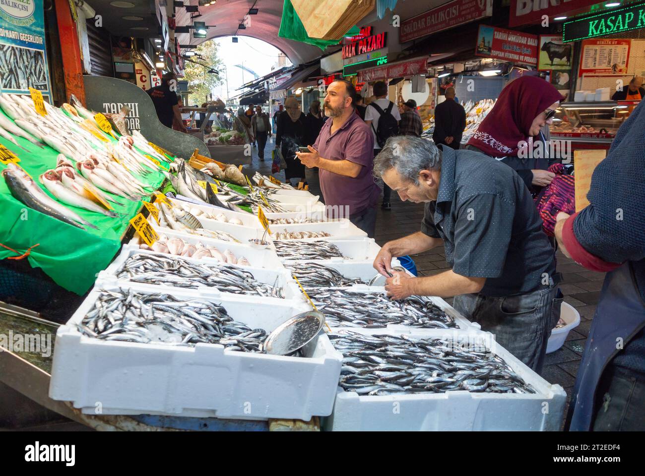 Istanbul, Turchia, il pesciaio che vende frutti di mare al mercato del pesce di uskudar (turco, Üsküdar) sul lato asiatico di istanbul, solo editoriale. Foto Stock