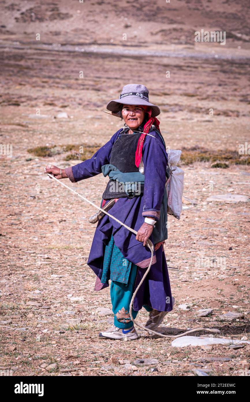 Ritratto di un pastore nomade Changpa, Ladakh, India Foto Stock