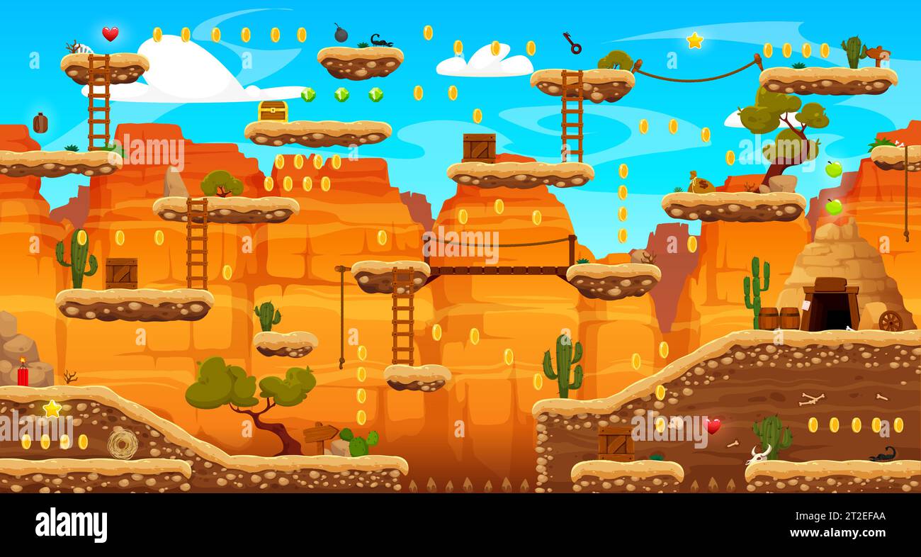 Mappa del livello di gioco arcade con piattaforme di gioco Wild West o Western, canyon, rocce e montagne, risorse vettoriali. Cartoni animati, sfondo paesaggistico con premi in moneta e bonus stella da saltare e saltare collezionare Illustrazione Vettoriale