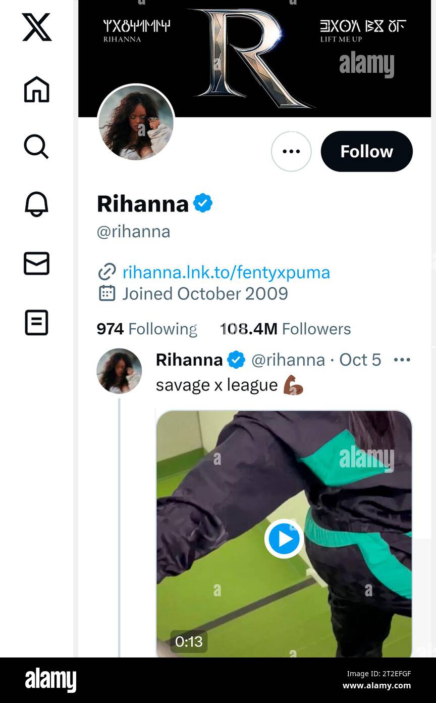 Screenshot del social media "X" di Rihanna (precedentemente Twitter). Ottobre 2023 Foto Stock