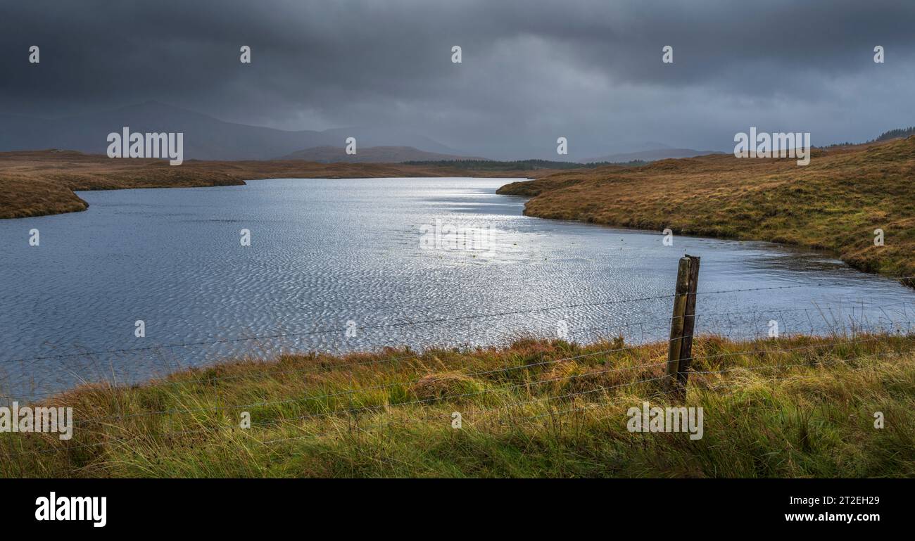 Guardando Loch Rathaid, Isola di Lewis, Ebridi esterne, Scozia in una mattinata selvaggia e umida Foto Stock