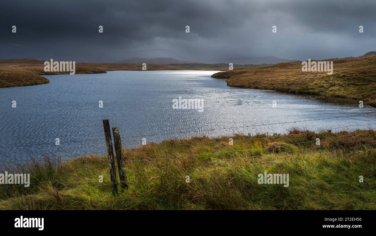 Guardando Loch Rathaid, Isola di Lewis, Ebridi esterne, Scozia in una mattinata selvaggia e umida Foto Stock