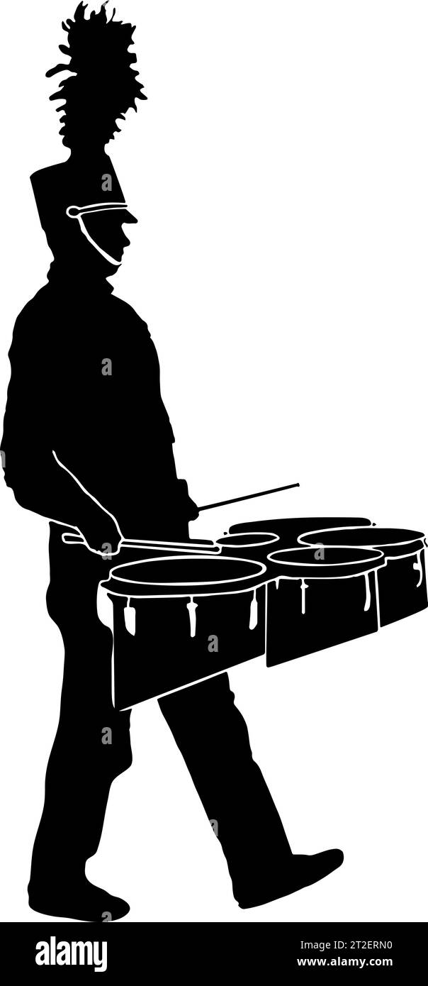Marching Band batterista che suona la batteria multi tenore marching, in silhouette nera, isolata Illustrazione Vettoriale