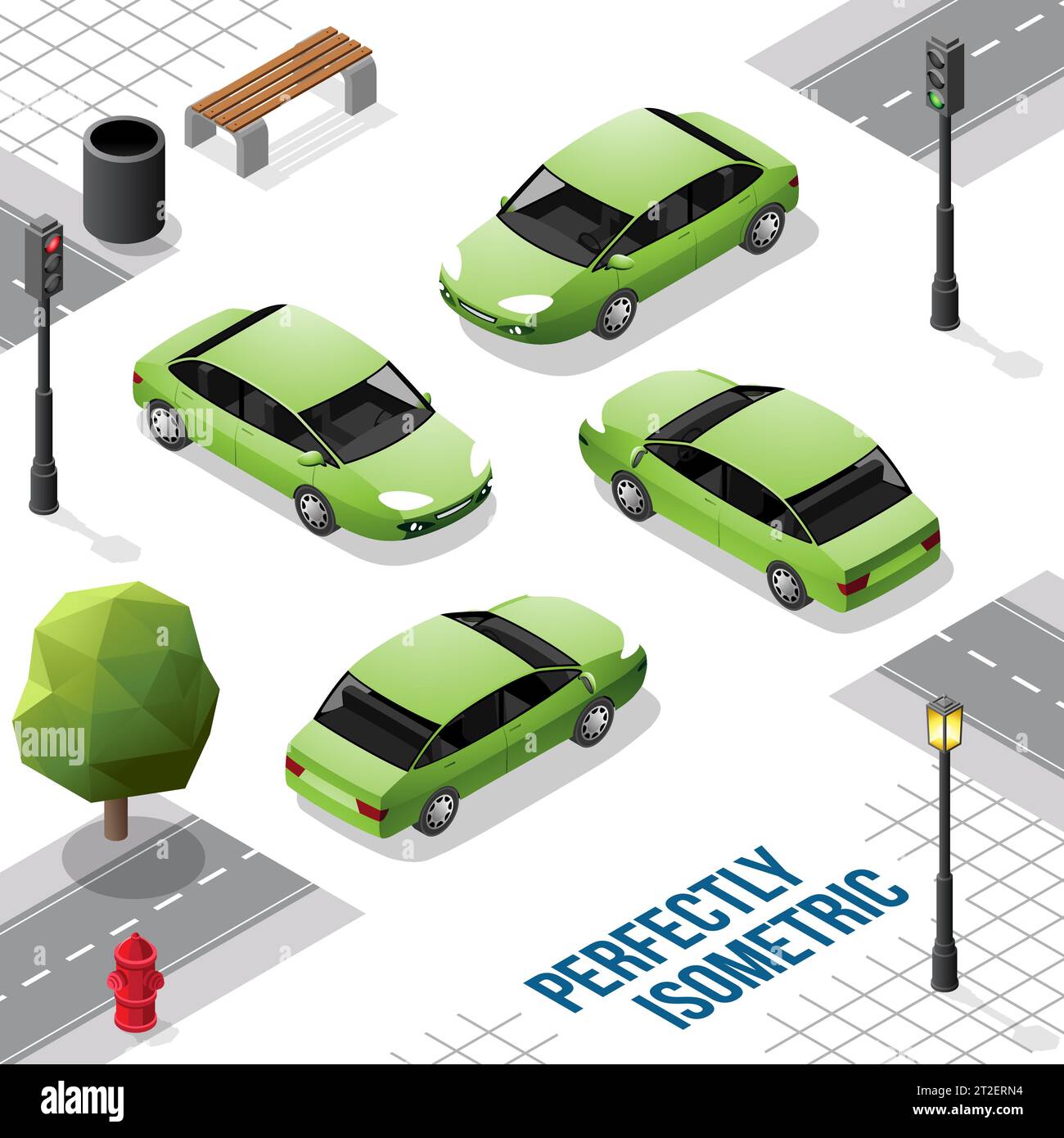 Auto Isometrica verde dalla parte anteriore posteriore destra e sinistra isolata su bianco Illustrazione Vettoriale