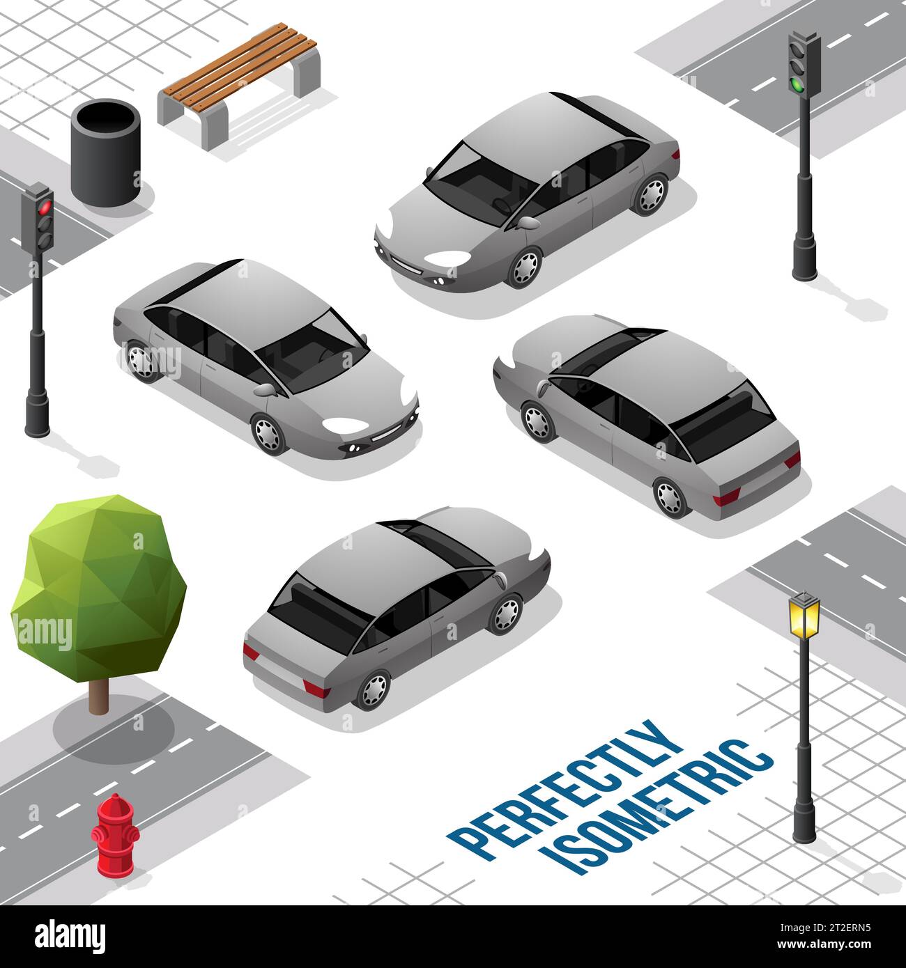 Auto isometrica grigia dalla parte anteriore posteriore destra e sinistra isolata su bianco Illustrazione Vettoriale