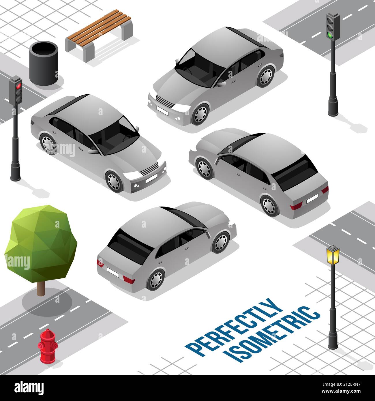 Long Car isometrica grigia dalla parte anteriore posteriore destra e sinistra isolata su bianco Illustrazione Vettoriale
