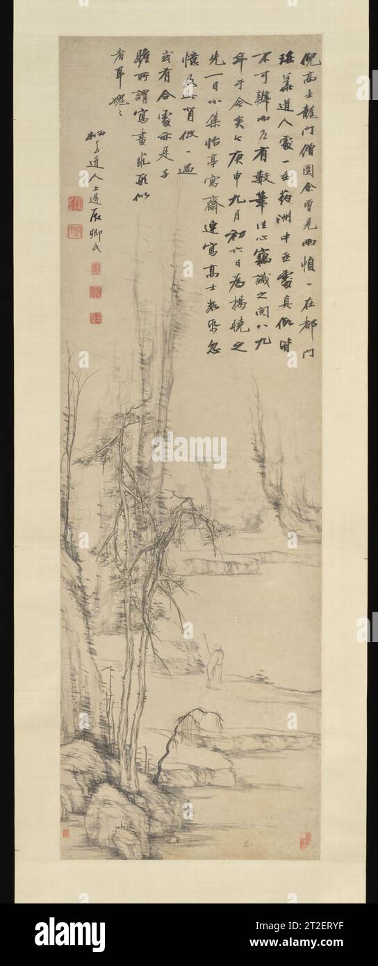 Monk of Longmen in stile Ni Zan Wan Shanglin Cinese 1800 il canone degli stili di pittura approvati stabilito da Dong Qichang (1555-1636) alla fine dei Ming continuò ad influenzare gli artisti attraverso gli anni di apertura del XIX secolo. Il modello di WAN Shanglin è Ni Zan (1301-1374), l'ultimo uomo di lettere, e l'inchiostro fumoso e la pennellata sensibile di Wan sono un omaggio rispettabile. L'iscrizione di Wan su questo dipinto rivela tuttavia uno spirito caratteristico del XIX secolo, uno che mette in dubbio l'autenticità dei classici accettati nella letteratura, nella morale, nella storia e nella pittura. WAN lo scrive per otto o n Foto Stock