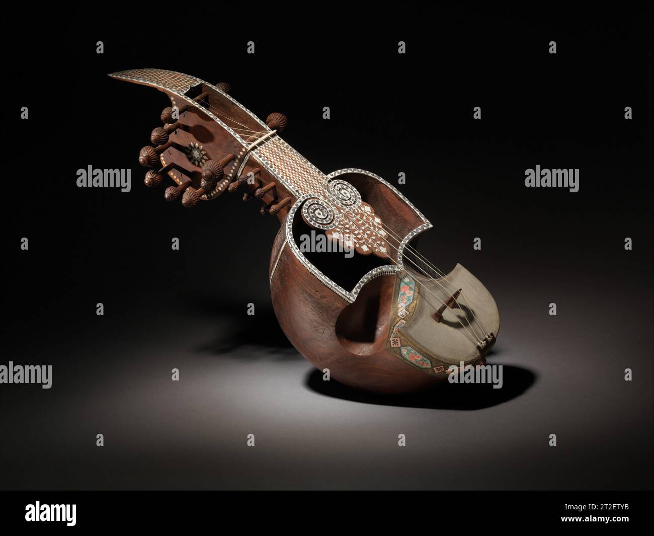 Indiano alla fine del XIX secolo il corpo bipartito del sārindā è scolpito da un unico blocco di legno di tun (Cedrela toona) e la sezione inferiore è ricoperta di pergamena Sārindā. Questa versione elaborata è decorata con avorio e osso. Si tratta di quattro corde melodiche quando si inchina attivando le ventiquattro corde simpatiche che vengono guidate attraverso la parte inferiore del ponte fino ai fori nella lavagna. I pozzanghere a doppio cesto si trovano nell'Asia meridionale e nell'Afghanistan meridionale e derivano da qobuz dell'Asia centrale. È usato per accompagnare la danza, il flauto e la musica vocale. Foto Stock