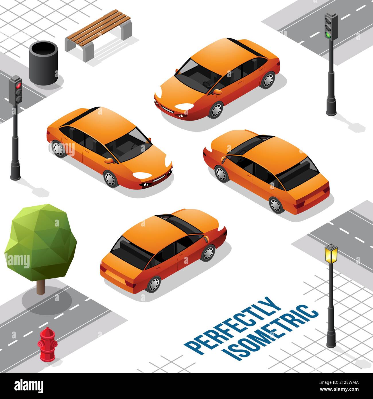 Auto isometrica arancione dalla parte anteriore posteriore destra e sinistra isolata su bianco Illustrazione Vettoriale