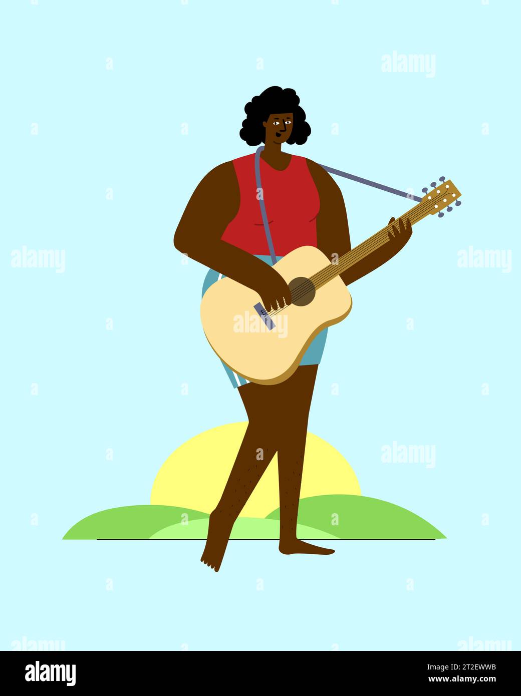 Ritratto di una giovane donna africana con top estivo e pantaloncini che suonano la chitarra. Design elegante dei personaggi vettoriali dei cartoni animati Illustrazione Vettoriale