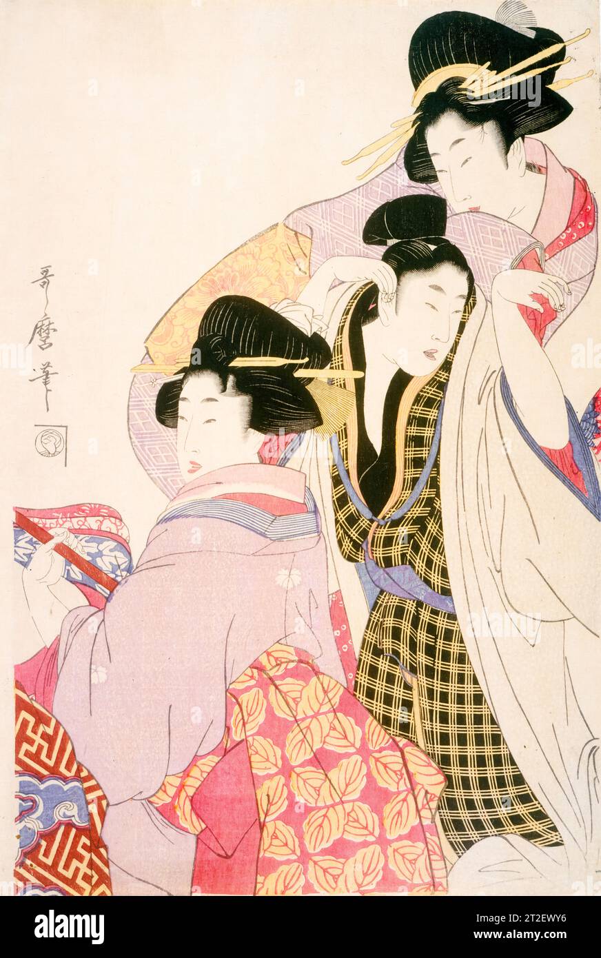 Kitagawa Utamaro, Two Geisha e a Tipsy Client, stampa in legno a inchiostro e a colori su carta, circa 1805 Foto Stock