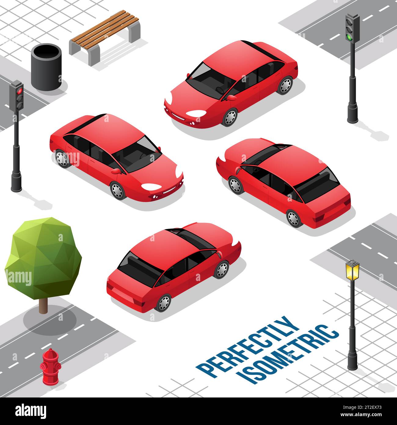 Auto isometrica rossa dalla parte anteriore posteriore destra e sinistra isolata su bianco Illustrazione Vettoriale