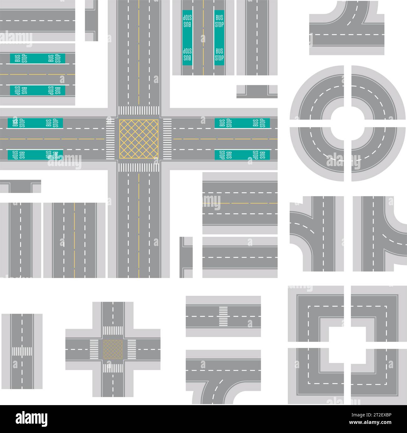 Top Down Light Grey Main Street and Road Building Kit isolato su sfondo bianco Illustrazione Vettoriale