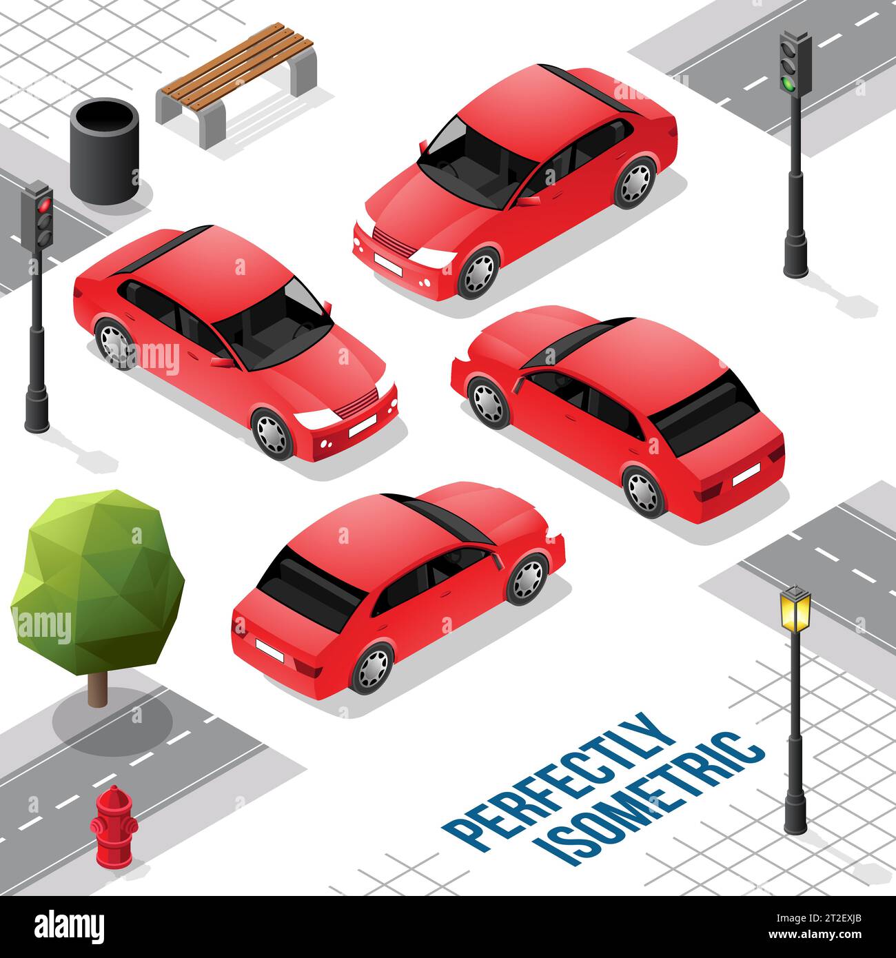 Auto lunga isometrica rossa dalla parte anteriore posteriore destra e sinistra isolata sul bianco Illustrazione Vettoriale