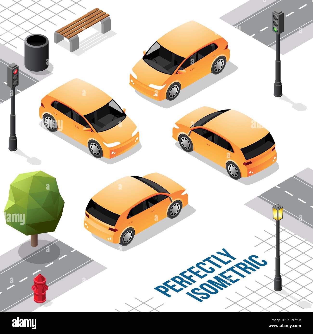 Piccola auto isometrica gialla dalla parte anteriore posteriore destra e sinistra isolata su bianco Illustrazione Vettoriale