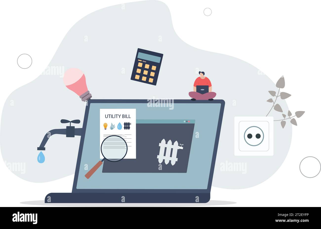 Pagamento delle bollette di utenza.paga i soldi per il consumo di elettricità, gas e acqua, riscaldamento .utilizzando le app nel laptop. Illustrazione Vettoriale