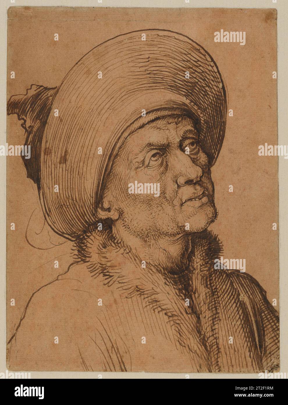 Busto di un uomo in un cappello che guarda verso l'alto Martin Schongauer tedesco ca. 1480–90 celebrato per le sue incisioni pionieristiche, Martin Schongauer fu anche un pittore di pannelli e disegnatore di talento. Questo raro studio è uno dei pochi disegni che possono essere attribuiti a lui. Combinando tratti fluidi e variegati con delicati schiusa facciali, probabilmente rappresenta una testa di personaggio piuttosto che un ritratto. In stile, il disegno è vicino alle incisioni tardive di Schongauer. Visualizza altro. Bust of a Man in a Hat Gazing Up. Martin Schongauer (tedesco, Colmar ca. 1435/50–1491 Breisach). ca. 1480-90. Penna e nero carbone dentro Foto Stock