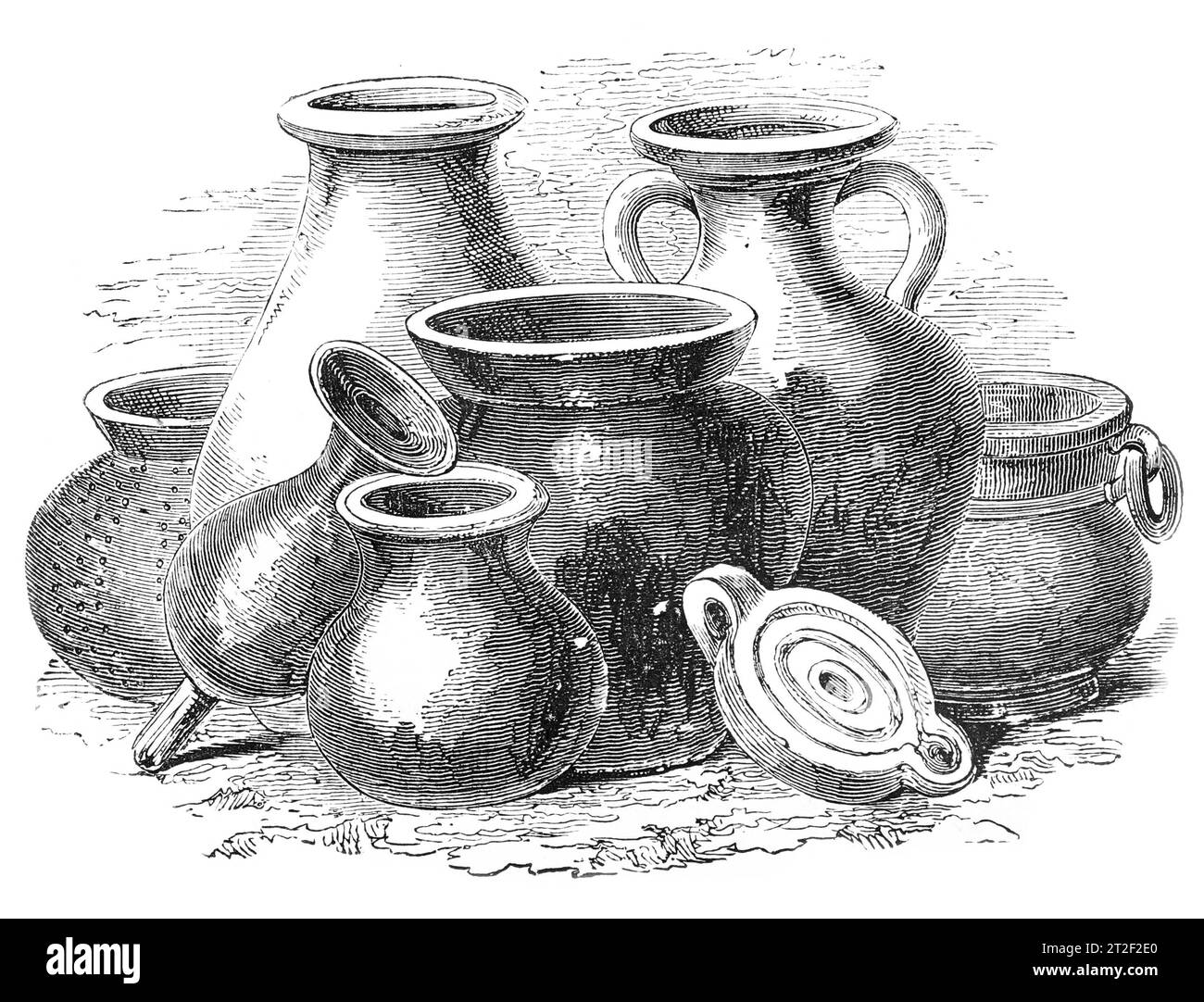 Vases and Lamps Found After the Great Fire of London; Black and White Illustration from the 'Old England' pubblicato da James Sangster nel 1860. Foto Stock