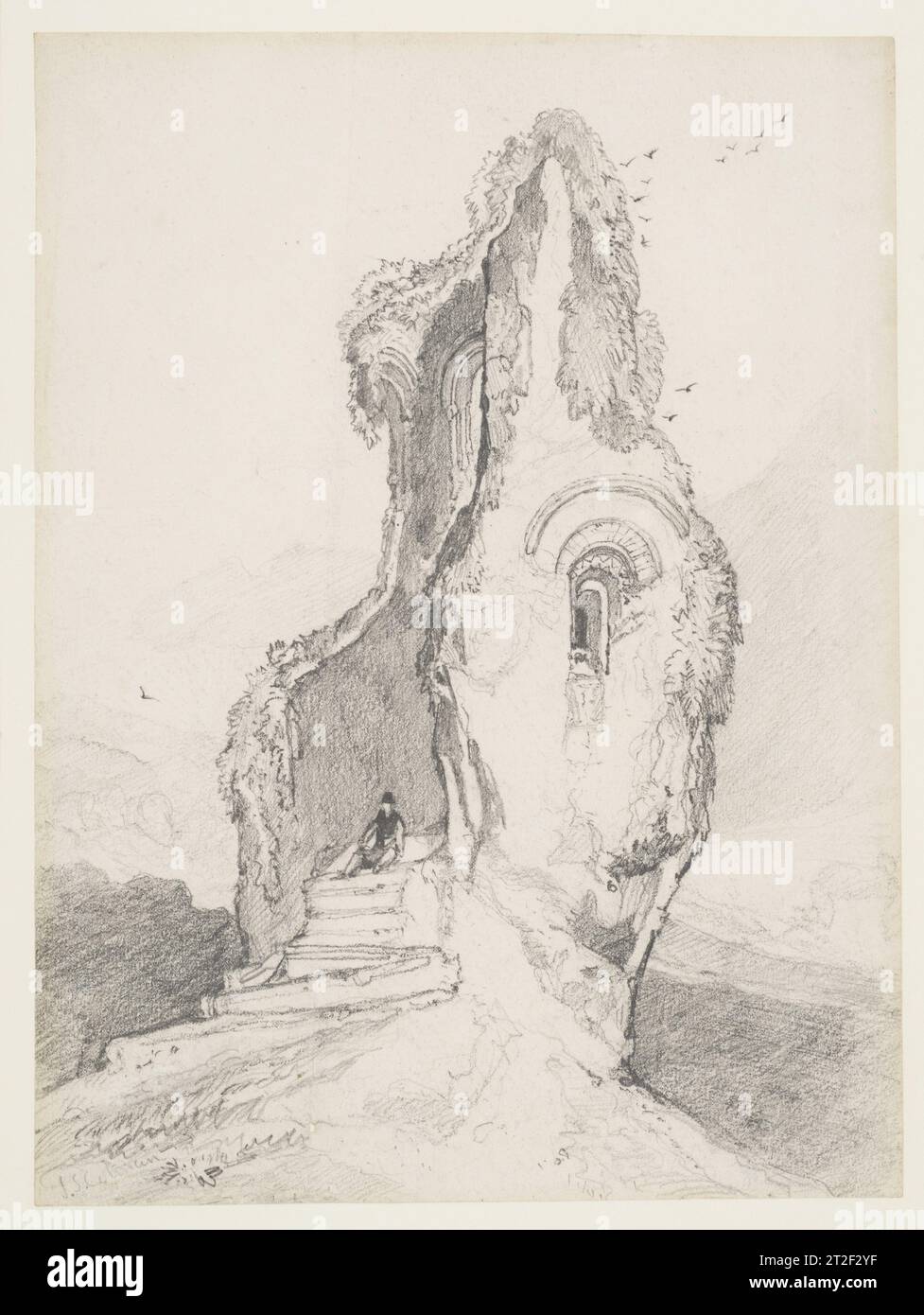 Una figura che riposa in una torre in rovina John Sell Cotman British 1810–40 Cotman potrebbe aver creato questa suggestiva immagine di una torre isolata e in rovina durante una sessione di schizzo, o come strumento di insegnamento. Per gran parte della sua carriera, l'artista si è sostenuto come maestro di disegno nella sua città natale di Norwich e poi, dal 1834, come Master of Landscape Drawing alla King's College School di Londra. Durante regolari tour in Inghilterra, Galles e Normandia, cercò l'architettura medievale e disegnò forme in silhouette, enfatizzando porte e finestre decorate. In questa immagine romantica, una figura solitaria poggia sui gradini Foto Stock