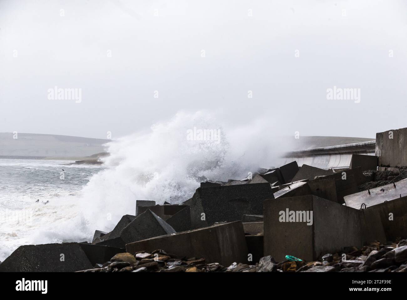 Orkney, Regno Unito. 19 ottobre 2023. METEO del Regno Unito: La tempesta Babet colpisce le Orcadi con venti di burrasca mentre il Met Office ha emesso un avvertimento meteorologico giallo per il nord-est della Scozia. I forti venti causano onde che si schiantano sulla A961 che attraversa una delle barriere Churchill sulle isole. Crediti: Peter Lopeman/Alamy Live News Foto Stock