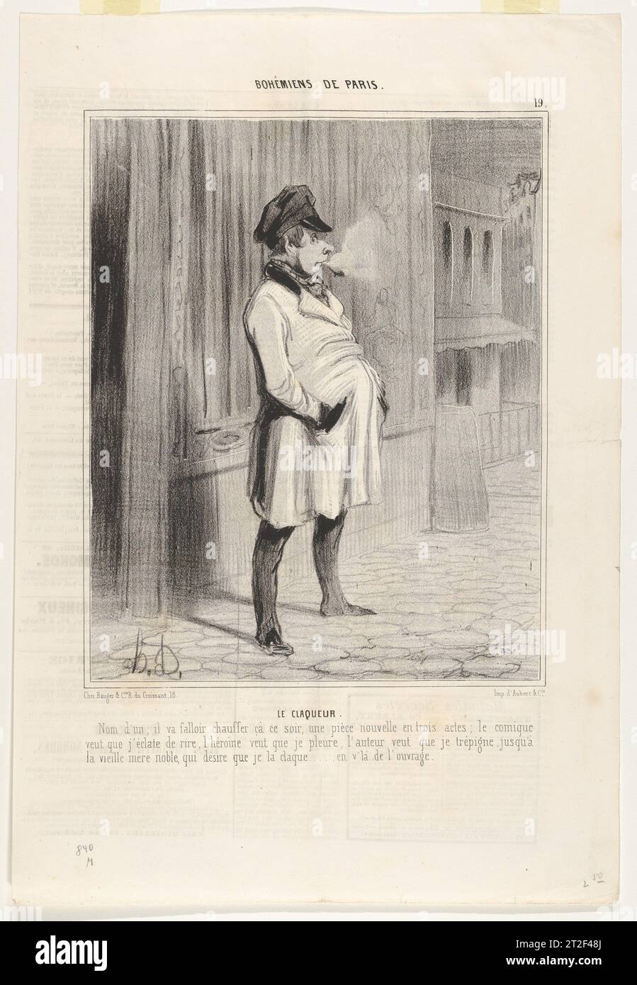 The hired Clapper, tavola 19 da "Artists and Bonvivants of Paris", pubblicato su le Charivari Honoré Daumier French Publisher Aubert et Cie French 13 febbraio 1842 traduzione della didascalia: "Devil, this is will be a Heated night: A New play in three Acts; il comico vuole che mi faccia scoppiare ridendo, l'eroina vuole che pianga, l'autore vuole che mi metta a segno i piedi, e la nobile vecchia signora vuole che applausi…. ecco come si fa!” Foto Stock