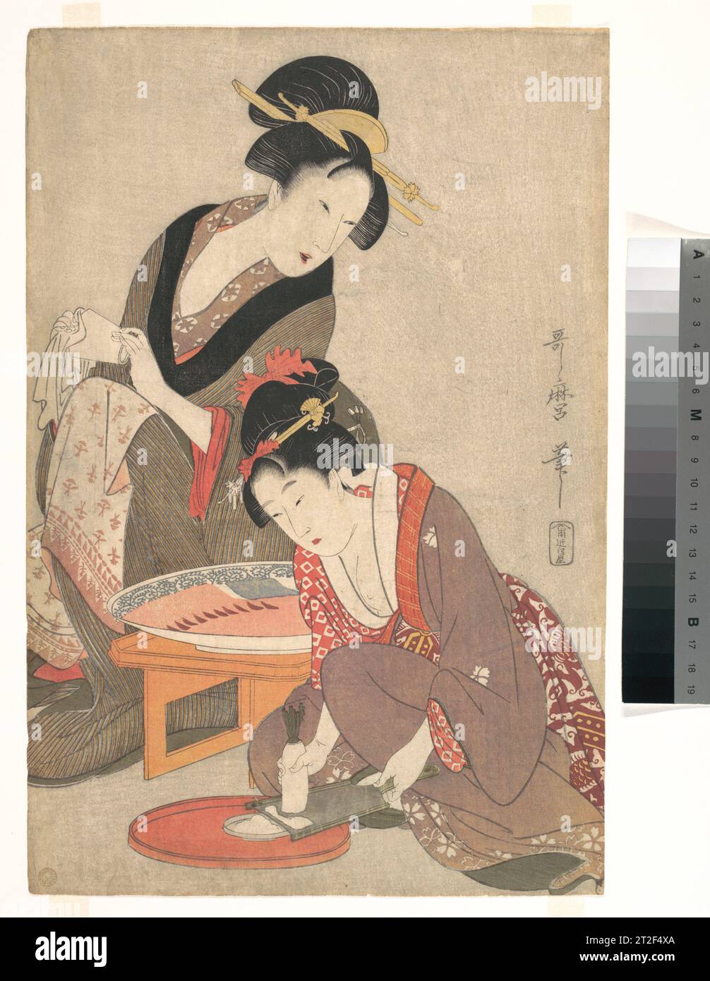 Donne che preparano Sashimi Kitagawa Utamaro Giapponese 1806–20 Utamaro ampliò la portata del bijin-ga, stampe di belle donne, rimuovendo i tradizionali vincoli idealizzatori del genere e collocando belle donne nel contesto della vita ordinaria. Tra i temi che esplorò in questo allargamento del suo argomento c'erano le attività della cucina. Foto Stock