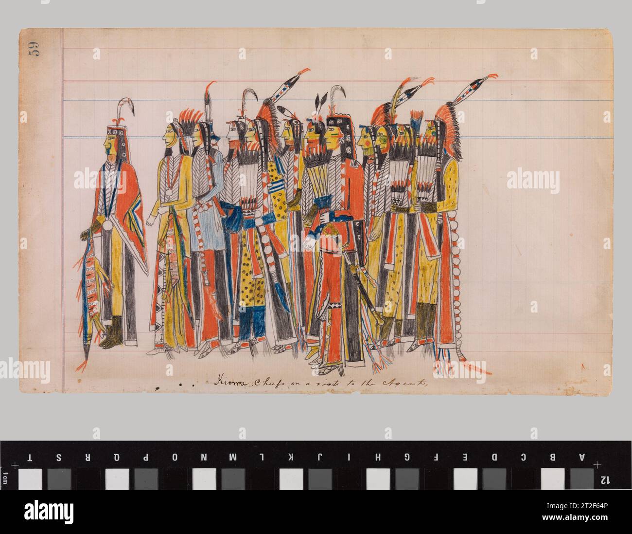 Kiowa Chiefs in visita all'agente attribuito a Julian Scott Ledger artista B Kiowa CA. 1880 il gruppo di uomini qui raffigurati potrebbe essere stato una delegazione che ha visitato un agente del governo degli Stati Uniti a Fort Sill in Oklahoma, che allora era chiamato territorio indiano. La prima figura ha un dipinto distinto di una testa di bisonte sul mento. Ha una pelle di lontra decorata e si distingue dal resto con una medaglia di pace - medaglioni distribuiti dal governo ai rappresentanti indiani come strumenti di negoziazione - intorno al collo. La figura vicino al fronte centrale indossa quello che sembra essere un vestito militare cappotto wi Foto Stock