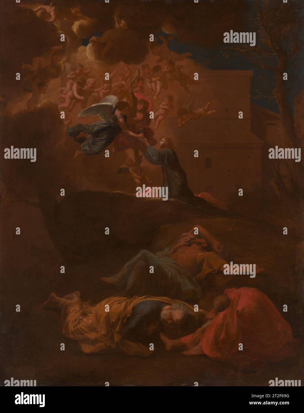 L'agonia nel giardino Nicolas Poussin francese 1626–27 Poussin eseguì questo dipinto in un momento cruciale subito dopo il suo arrivo a Roma, quando era pieno di innovazione e curiosità ma non aveva ancora raggiunto una solida base nel mondo dell'arte della città. Entrò presto nella collezione di Carlo Antonio dal Pozzo, fratello del più importante mecenate romano di Poussin, l'antiquario-conoscitore Cassiano dal Pozzo. Una composizione a zigzag unisce due scene: Cristo anticipa la sua morte mortale per crocifissione mentre i suoi discepoli piacciono. La monumentalità delle figure in primo piano e l'architettura doc Foto Stock