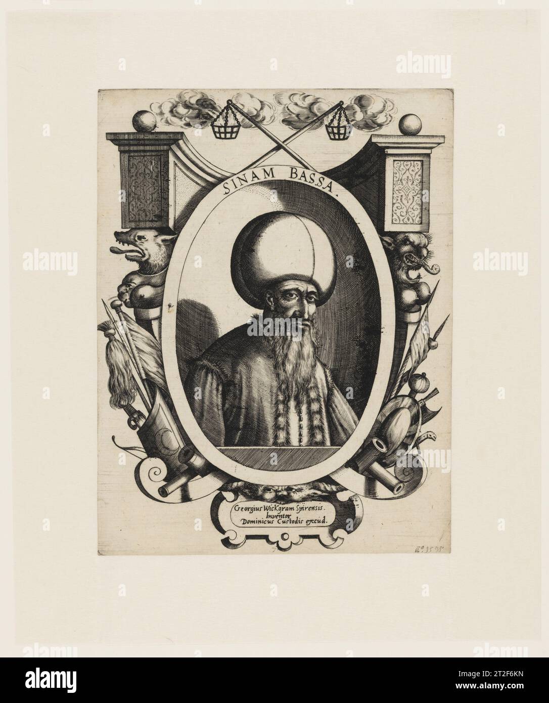 Ritratto di Sinan il grande artista ed editore Dominicus Custos designer tedesco Georgius Wickgram Spirensis sitter Sinan il grande 1595 questa è un'impressione del raro primo stato del ritratto inciso di Dominicus Custos del Sinan il grande (ca. 1521-1596). Di origine albanese, Sinan salì alla ribalta come leader militare e statista nell'Impero ottomano, diventando Gran Visir nel 1580 e mantenendo questo ruolo per il resto della sua vita. Da parte sua, Custos era un pittore e incisore nato ad Anversa che, come ha chiarito la recente ricerca, trascorse del tempo a Innsbruck e in Italia Foto Stock
