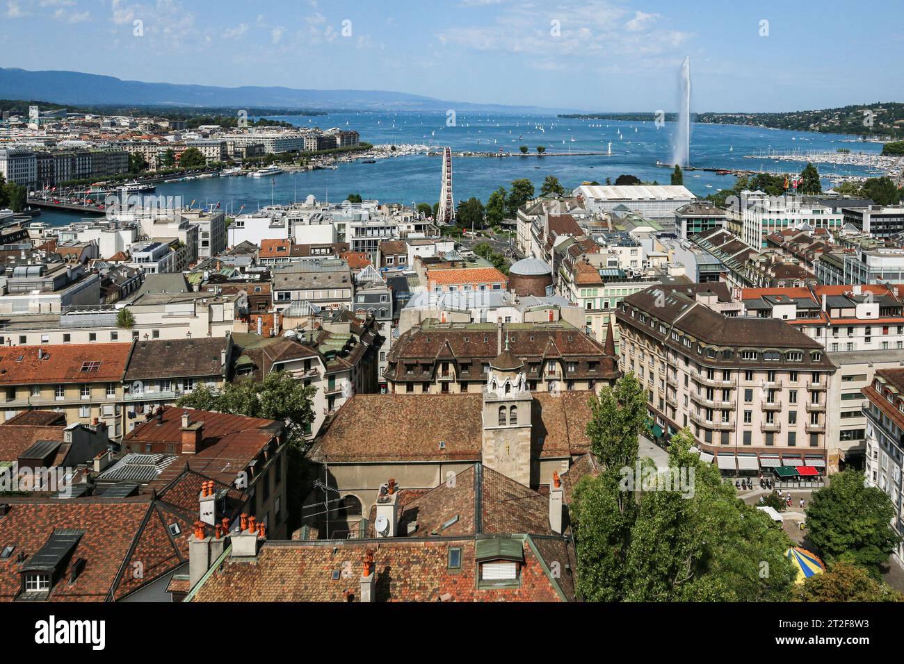 Città di Ginevra, lago e getto d'acqua, Svizzera Foto Stock