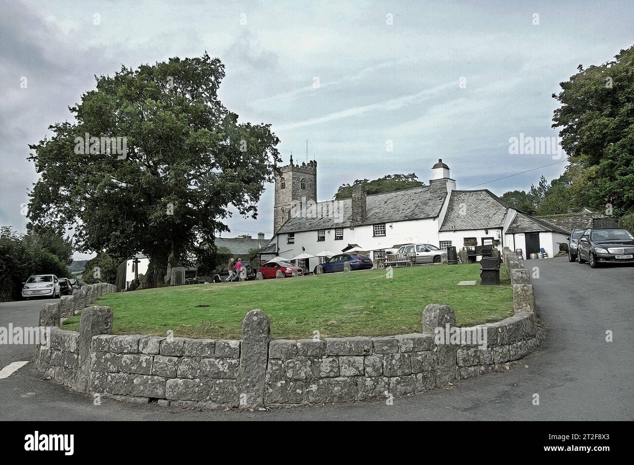 Illustrazione fotografica della Royal Oak del tardo XV secolo a Meavy su Dartmoor dove la licenza deve essere rinnovata. Consiglio che cerca di imporre un'apertura minima Foto Stock