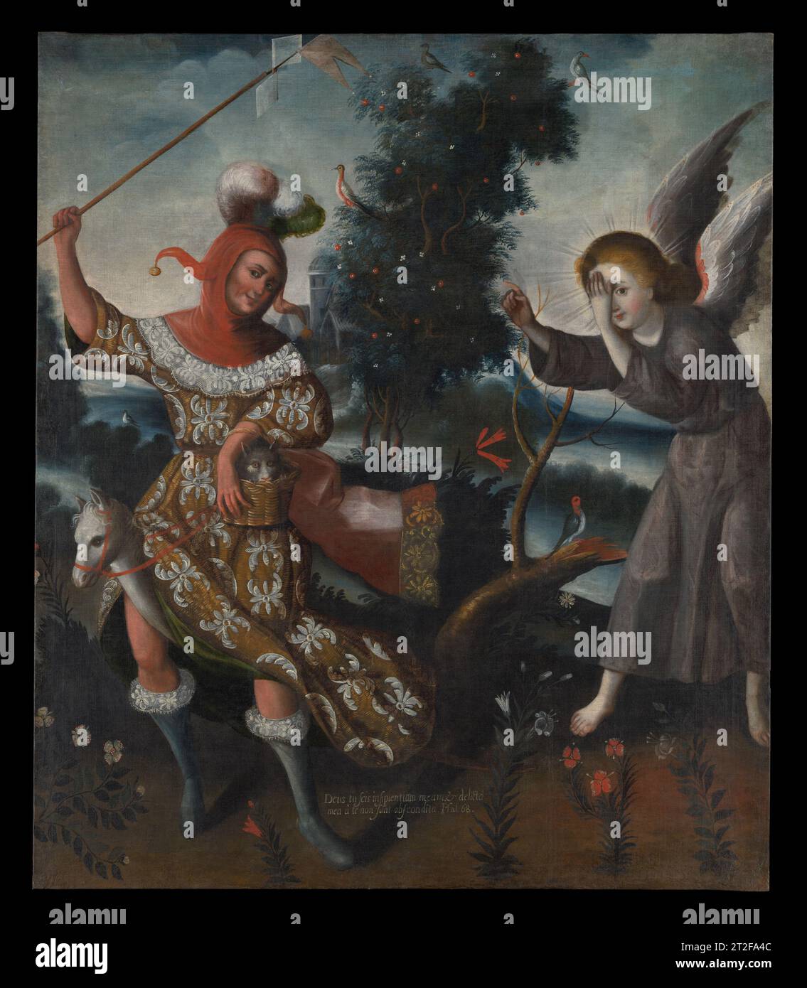 Emblema di Folly Unknown dopo Boetius Adams Bolswert Netherlandish XVIII secolo l'insolito soggetto di questo dipinto è tratto da un libro di emblemi, The Pia desiderio, scritto dal gesuita olandese, Herman Hugo (1588-1629), e illustrato con 46 incisioni di Boetius Adams Bolswert (1580-1633). Pubblicata per la prima volta ad Anversa nel 1624, la Pia desiderio è conosciuta in più di 150 edizioni e traduzioni, rendendola uno dei libri più popolari del XVII secolo. Il dipinto, seguendo un emblema di Bolswert, raffigura un confronto tra anima (l'anima umana), che appare come uno sciocco, e l'ala Foto Stock