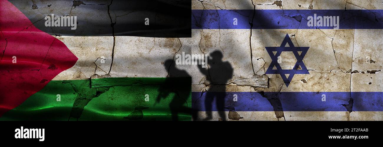 Palestina contro Israele bandiera, conflitto e concetto di guerra. Bandiera israeliana che attacca la Palestina con i soldati Foto Stock