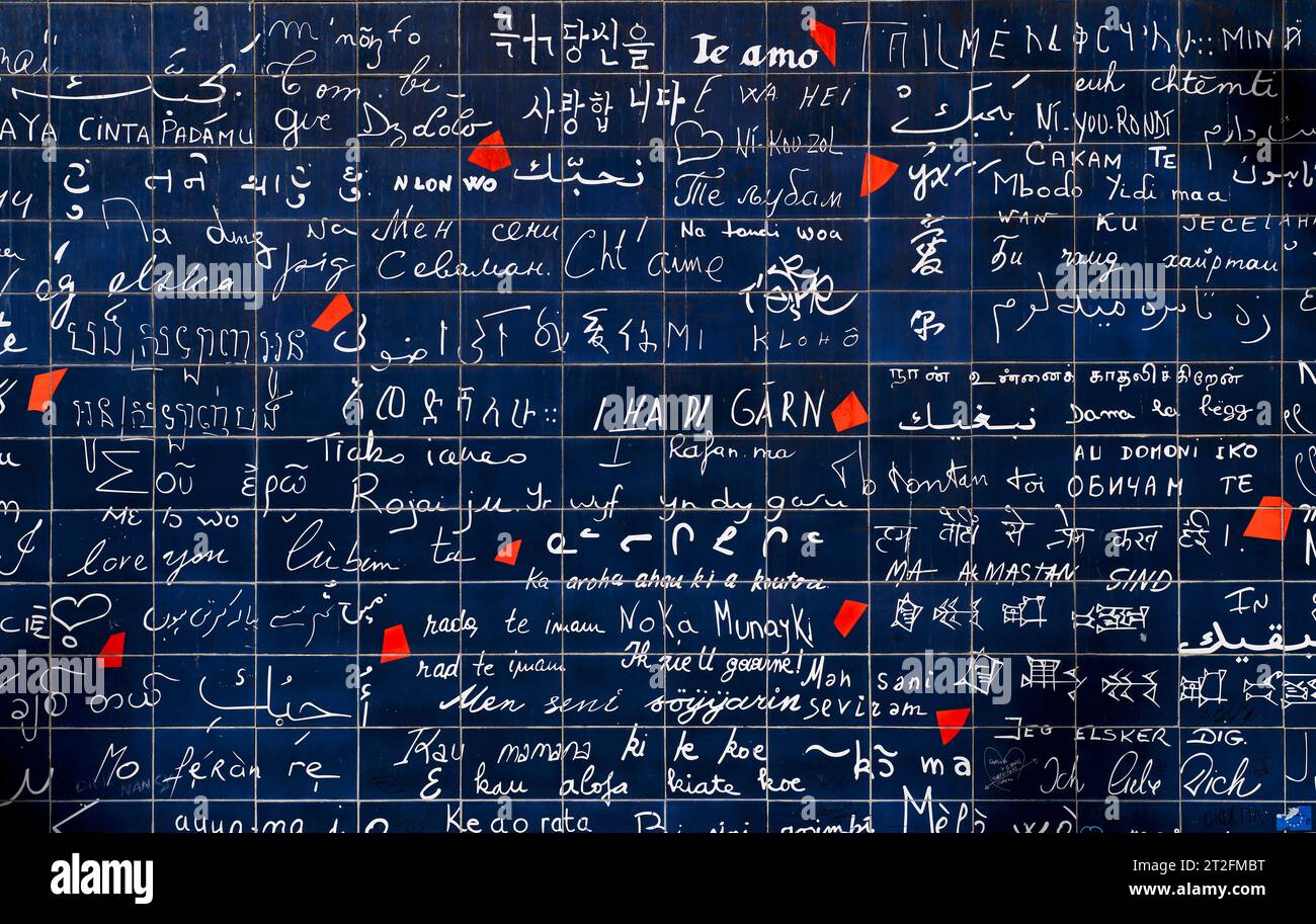 Le mur des je t'aime, anche Wall of Love, i-Love-You Wall, Montmartre, Parigi, Francia Foto Stock