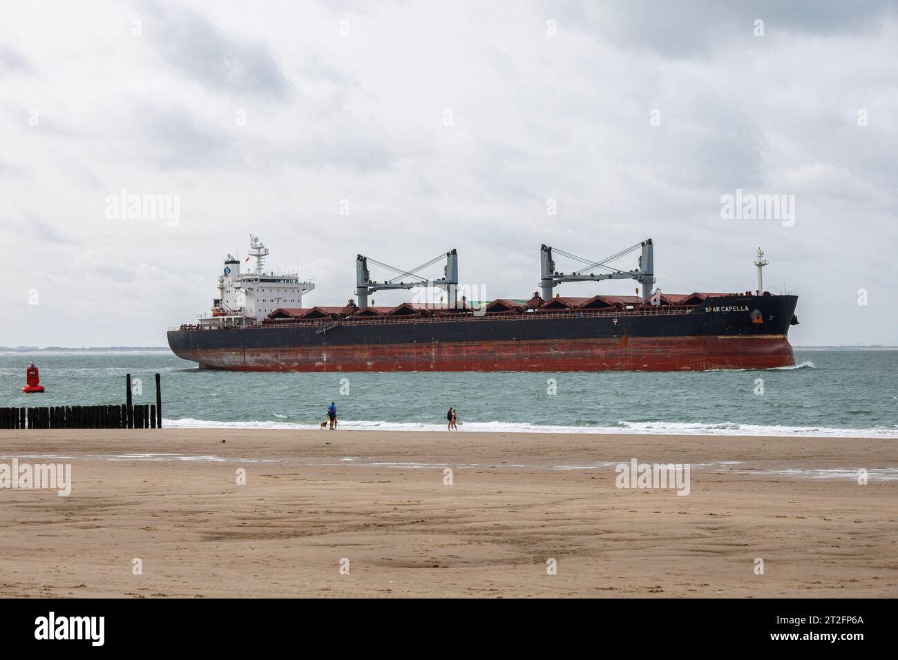 La nave portarinfuse Star Capella sta attraversando la spiaggia di Dishoek a Walcheren, Zelanda, Paesi Bassi. Der Massengutfrachter Star Capella passiert d Foto Stock