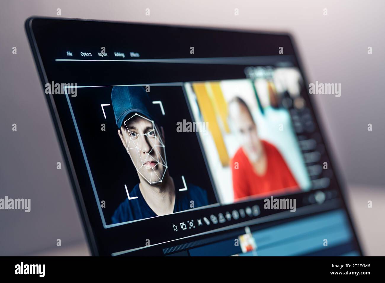 Deep Fake, IA e Face swap nell'editing video. Deepfake e apprendimento automatico. Tecnologia di rilevamento, rilevamento e riconoscimento facciale. Identità digitale. Foto Stock