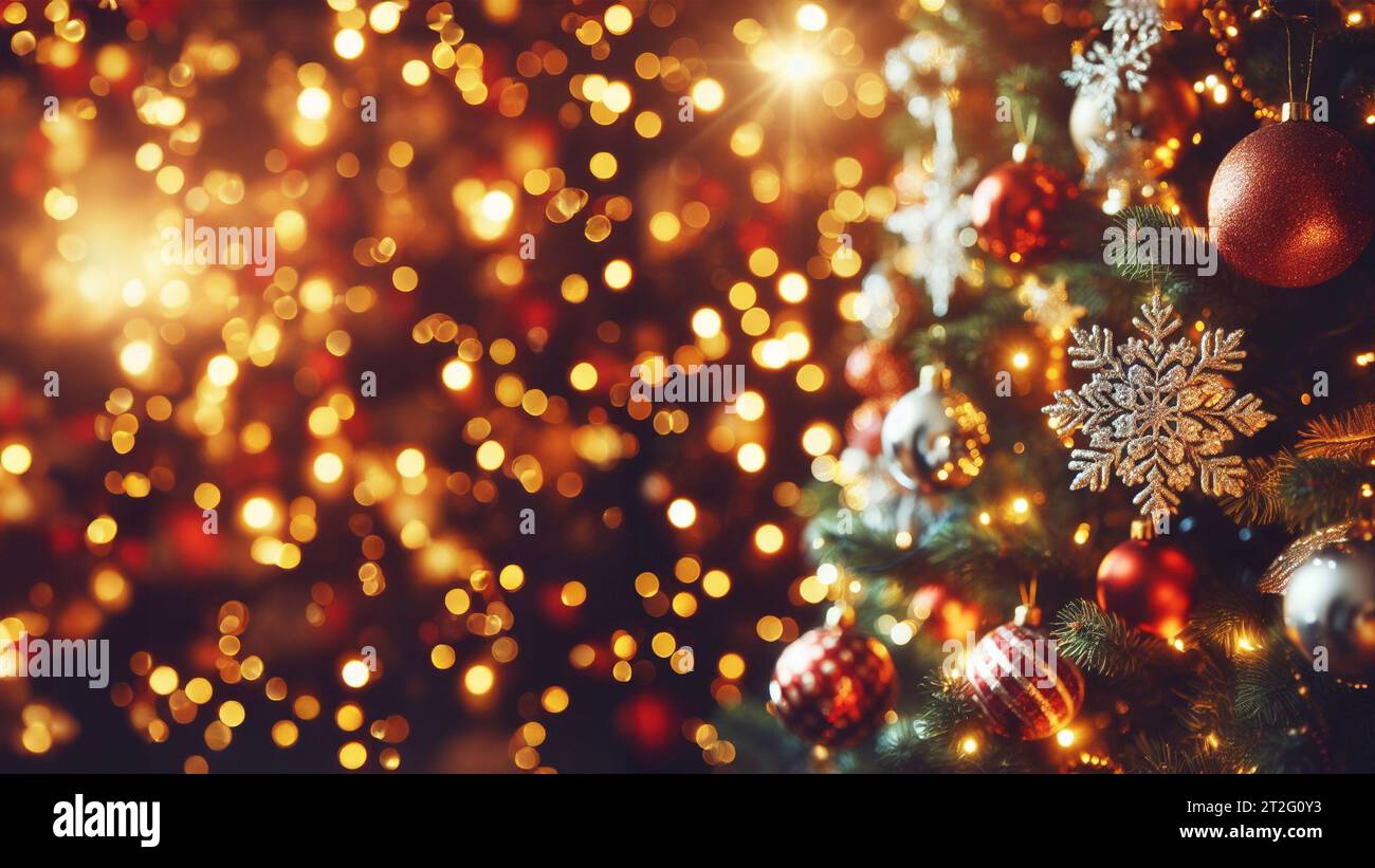 sfondo natalizio con un albero di natale, ornamenti a globo e luci sfocate su una tonalità calda Foto Stock