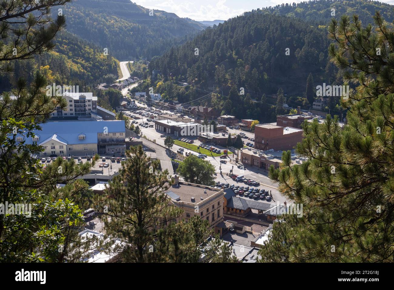 Deadwood, South Dakota, è un'antica città mineraria situata sulle colline. Black Hills Gold Rush Foto Stock