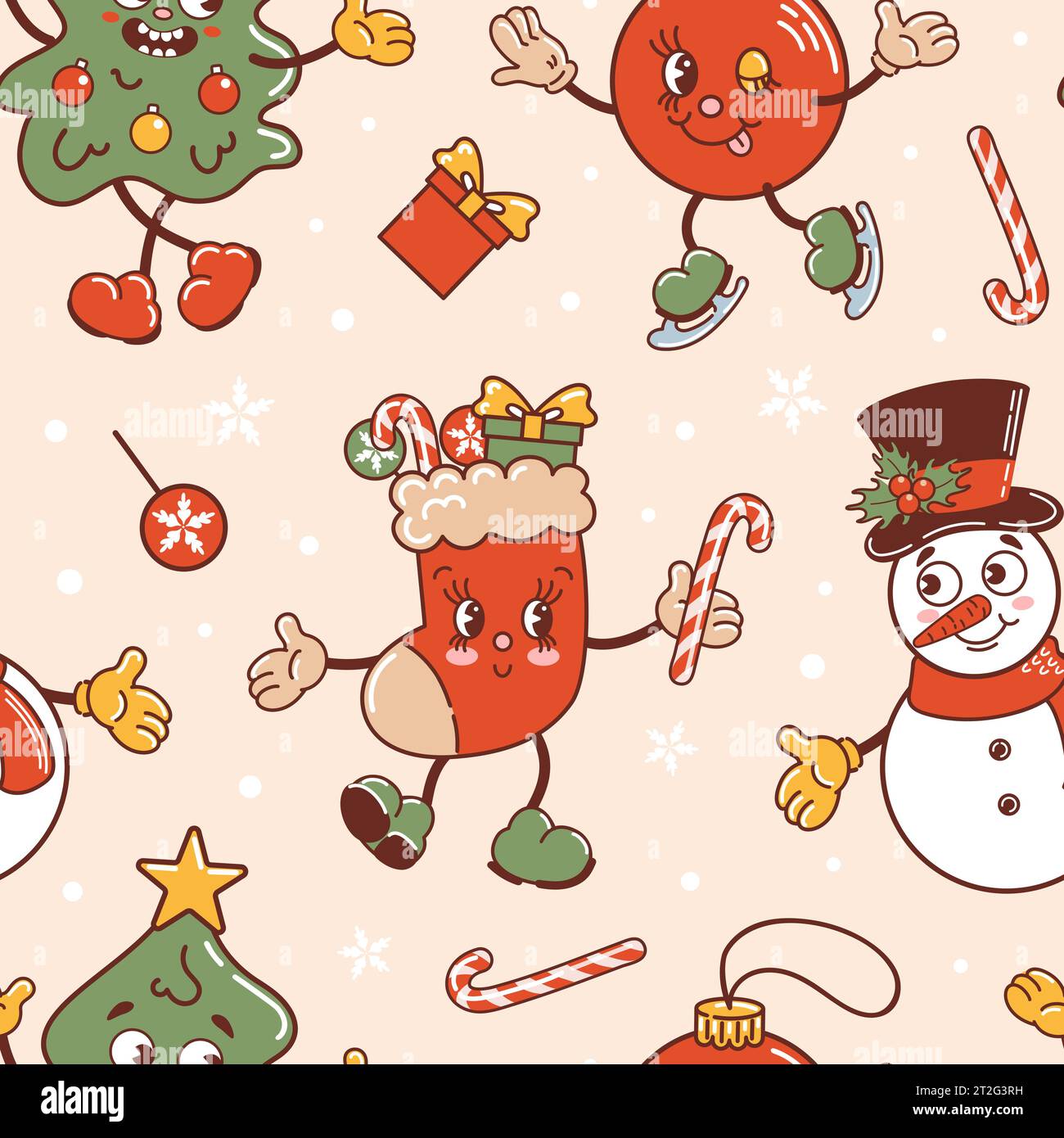 Pupazzo di neve, albero di Natale e calze danzanti, palla sta pattinando. Simpatici personaggi in stile cartoni animati retrò. Maglione brutto a maglia. Motivo senza cuciture per wal Illustrazione Vettoriale